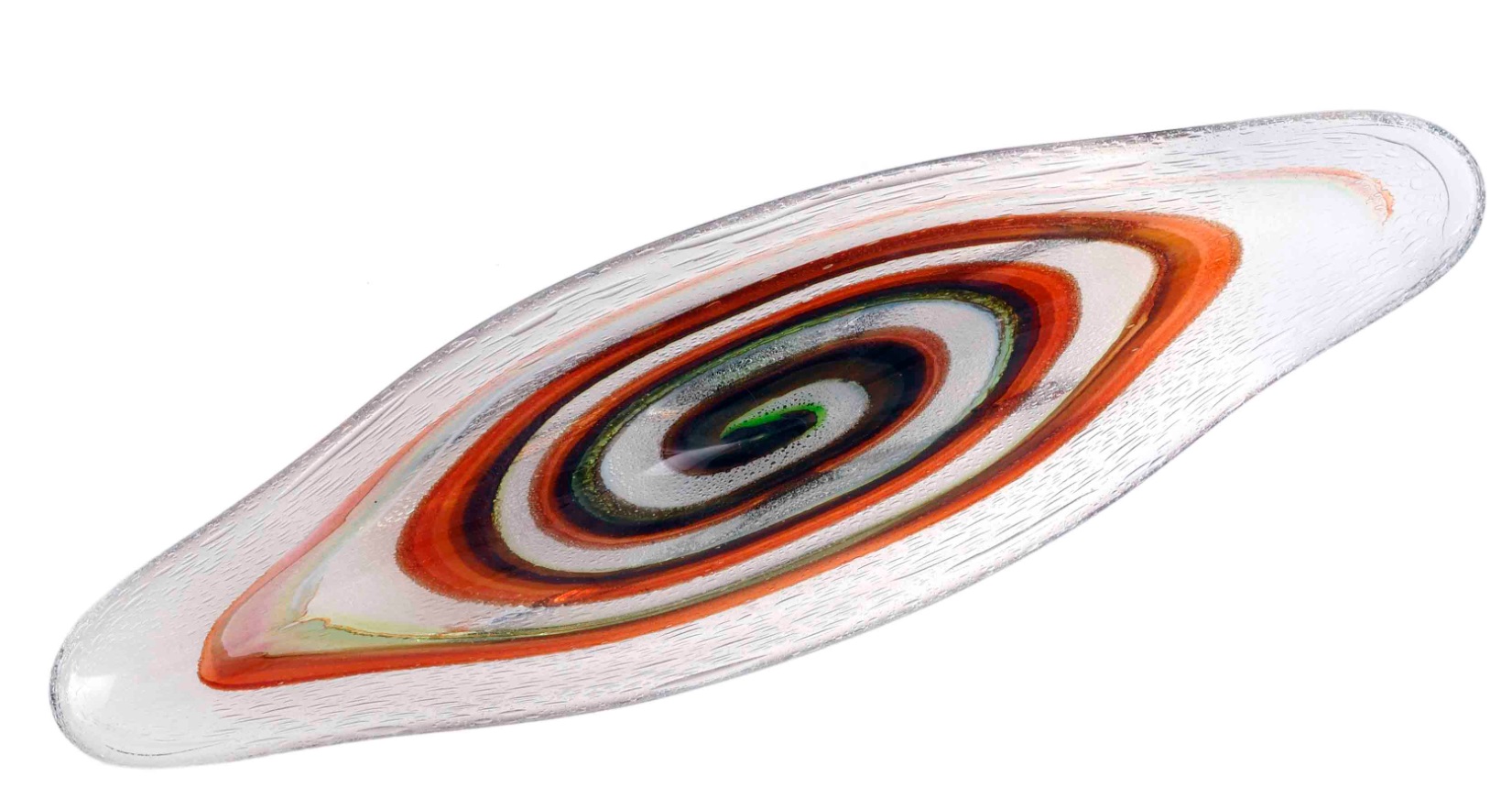 A freeform dish, with internal bubbles and orange, brown, green and blue spirals, designed by Rudolf Beránek in 1964, pattern number 6445, 19.75in (50.5cm) long. 
