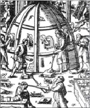 Obr.1.  Středověká sklářská pec podle Agricoly