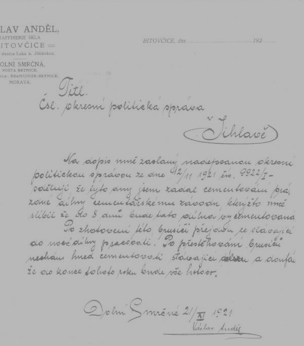 Obr: 26.  Dopis o stěhování z Bítovčic do Dolního Smrčného 1921, foto archiv Muzea Vysočiny, Jihlava